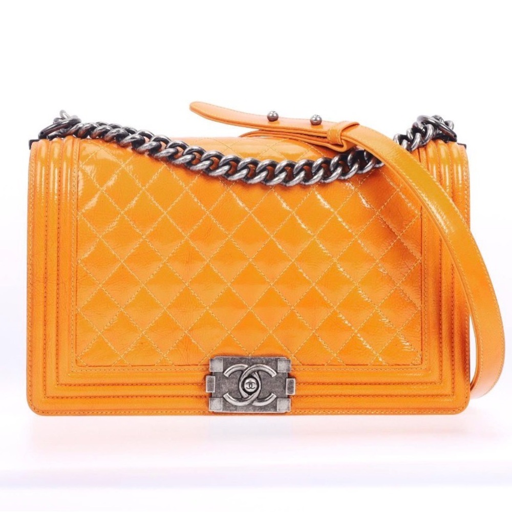CHANEL Orange Quilted Boy Bag with Silver Chain Strap